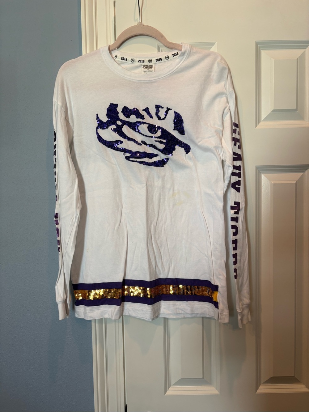VS PINK Long-Sleeve Shirt with Purple Sequin Tiger Eye